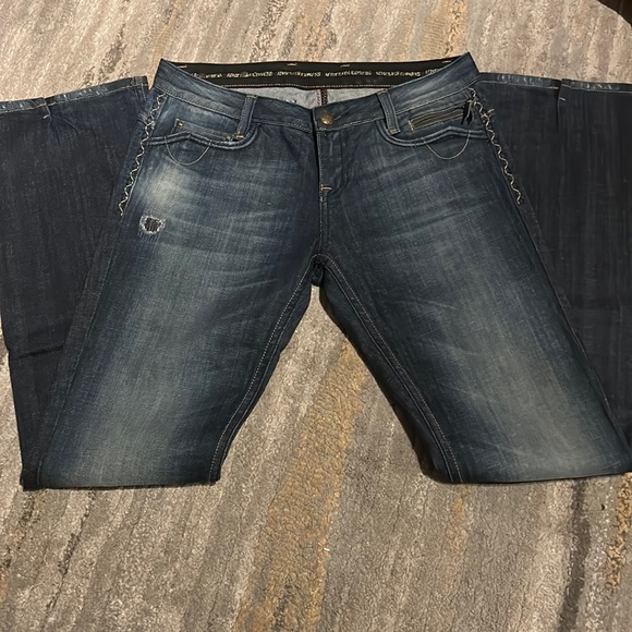 REROCK FOR EXPRESS Dark Blue Boot Cut Distressed Button Flap Pocket Jeans 8 - Picture 3 of 6